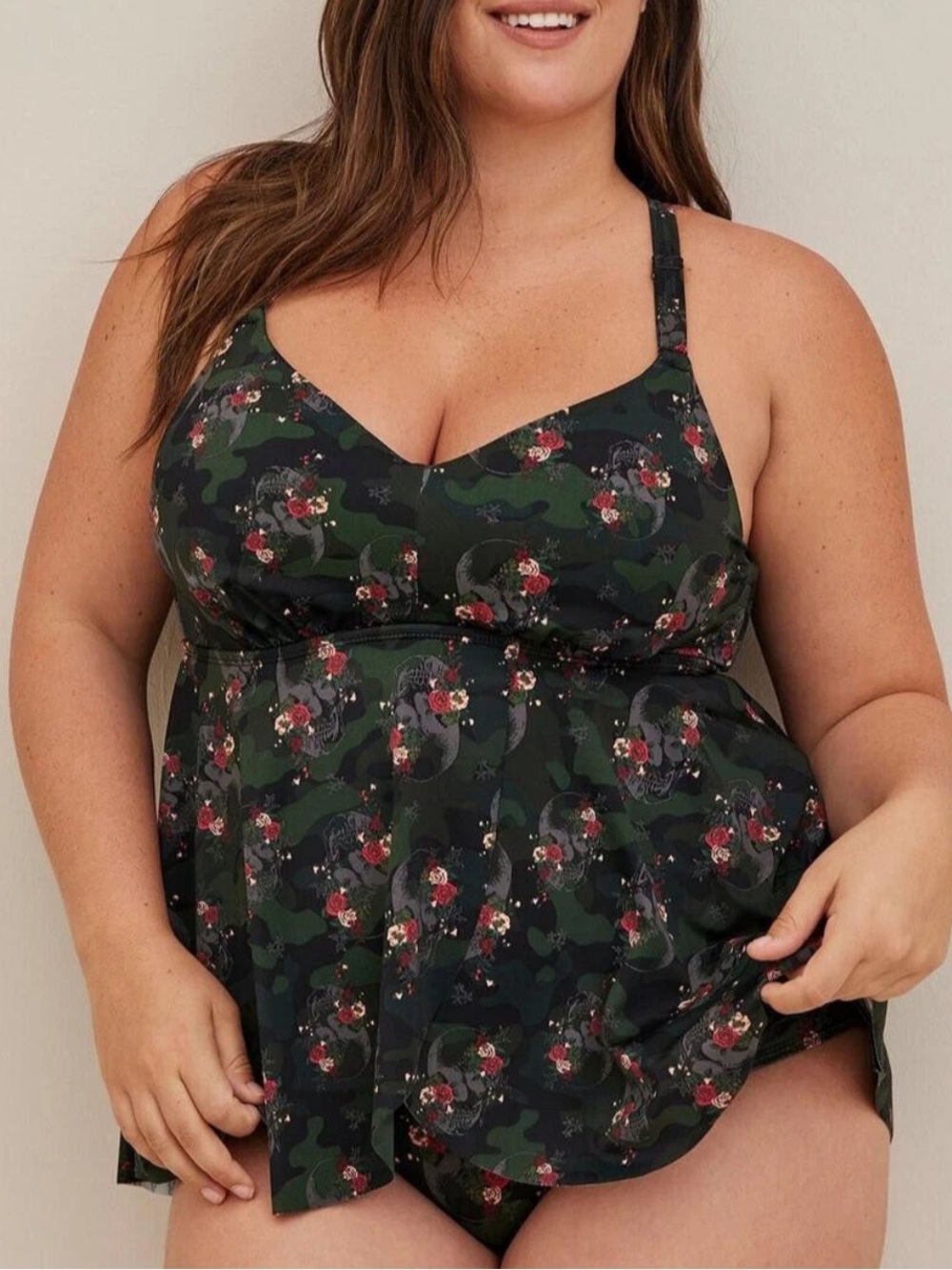 Torrid Skull Camo Floral Babydoll One Piece Swimsuit 3X D/DD Wire Free - Picture 1 of 6